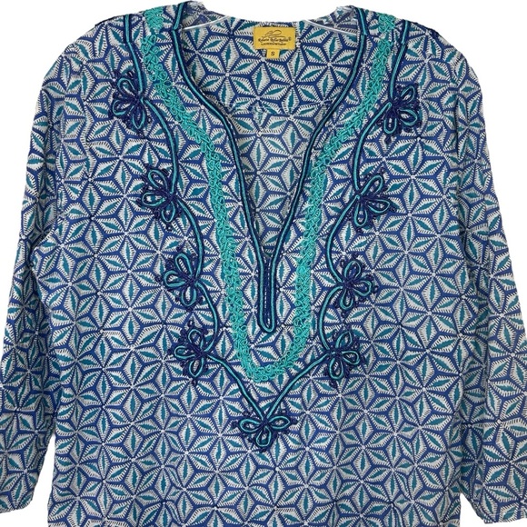 Roberta Roller Rabbit - Cotton, Embroidered Tunic Top, Geometric - Size S, Blue - Picture 9 of 16